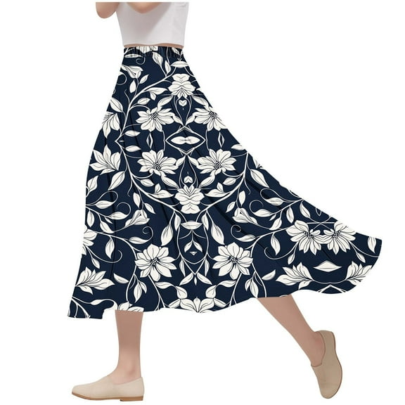 Summer Womens Midi Skirts Elastic Waisted A-Line Printed Flowy Beach Long Skirts Women Casual Daily Flowy Dresses Black-01 L