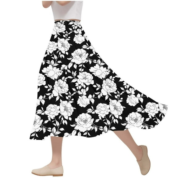 Summer Womens Midi Skirts Elastic Waisted A-Line Printed Flowy Beach Long Skirts Women Casual Daily Flowy Dresses Black-02 L