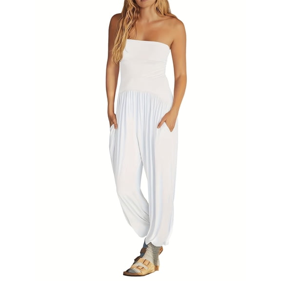 Summer Womens Off Shoulder Loose Casual Onesie Jumpsuits Backless Long Pants Baggy Rompers with Pockets