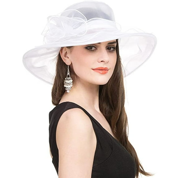 Summer Womens Organza Church Wide Brim Tea Party Wedding Hat Fancy Kentucky Derby Fascinator Cap Sun Cap,White