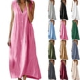 thumbnail image 1 of Summer Womens Pink Sleeveless Dresses Cotton And Linen Solid Color Causal V Neck Button Plus Size S-5XL, 1 of 7