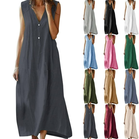 Summer Womens Pink Sleeveless Dresses Cotton And Linen Solid Color Causal Turndown Collar Button Plus Size S-3XL