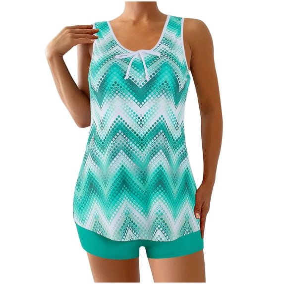 Summer Womens Plus Size 2 Piece Swimsuit Print Top with Adjustable Straps with Matching Solid Short for Beach & Pool