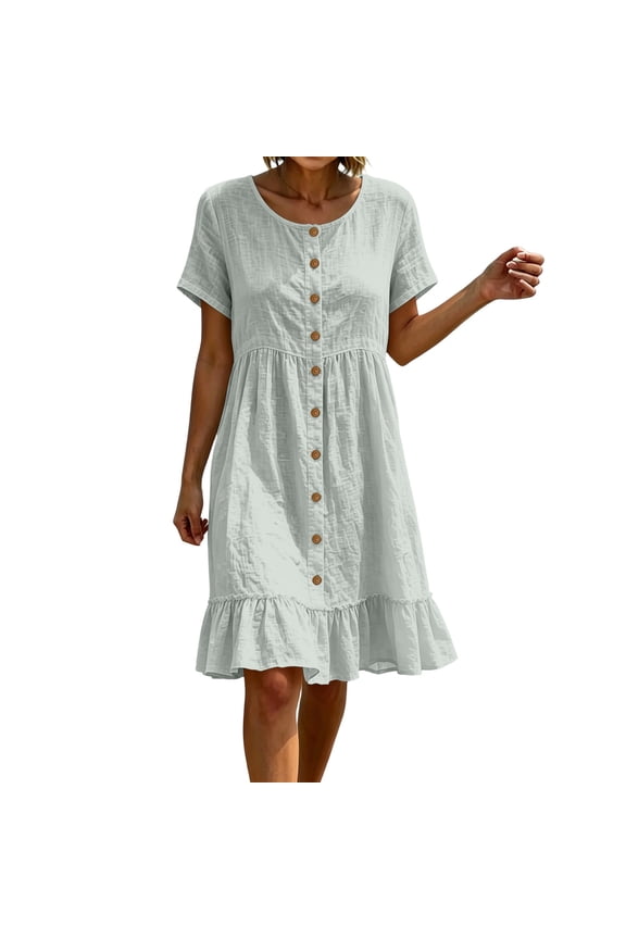 Summer Womens Plus Size Dress 100% Cotton Casual Short Sleeve V-Neck Button Front Hem Mini Dress