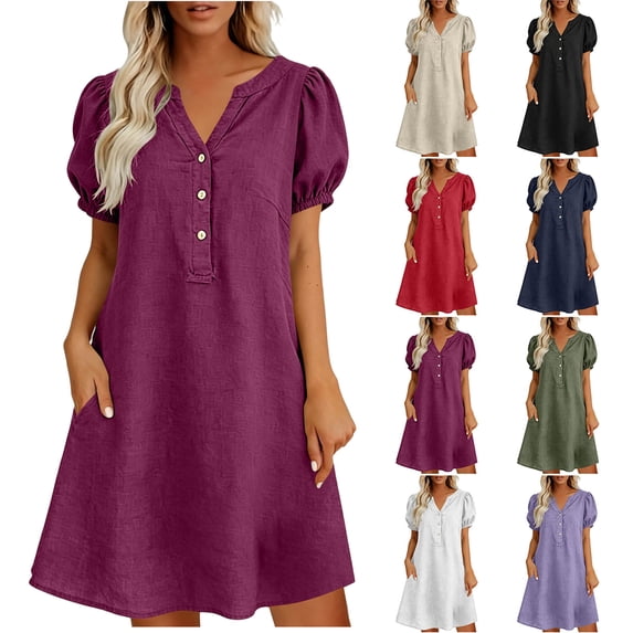 Summer Womens Plus Size Dress Cotton Linen V-Neck Pockets Solid Puff Sleeve Knee-Length Dress