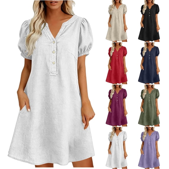 Summer Womens Plus Size Dress Cotton Linen V-Neck Pockets Solid Puff Sleeve Knee-Length Dress