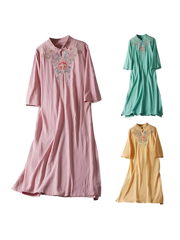 Summer Womens Plus Size Dress Embroidered Cotton Linen with Mandarin Collar & 3/4 Sleeves Ethnic Boho Maxi Dress for Tea Ceremony