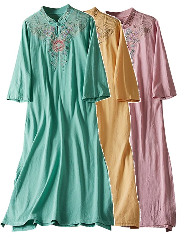 Summer Womens Plus Size Dress Embroidered Cotton Linen with Mandarin Collar & 3/4 Sleeves Ethnic Boho Maxi Dress for Tea Ceremony