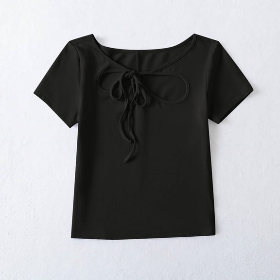 Summer Womens Plus Size T Shirts Clothes Casual Solid Color Short Sleeve Round-Neck Workout Shirts Top Tees - Black∣L