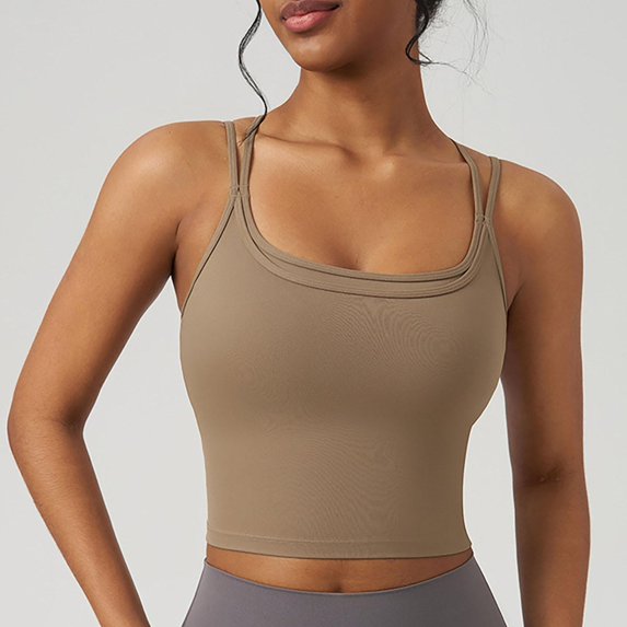 Summer Womens Plus Size Tank Tops Built In Bras Sleeveless Round-Neck Solid Casual Regulars Khaki Fitted Tank Tops S-XL