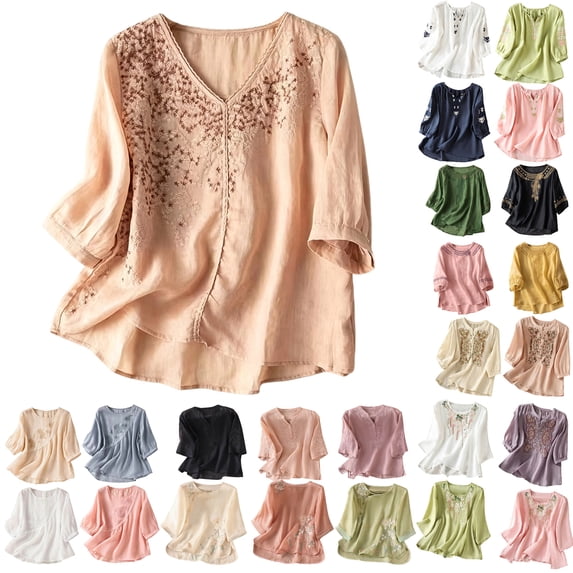 Summer Womens Plus Size Tops Embroidered 3/4 Sleeve Boho Linen Shirts V Neck Tunic Peasant Clothes