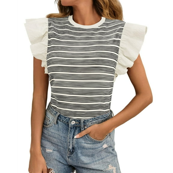 Summer Womens Ruffle Striped Tank Tops Casual Sleeveless Shirts Tops
