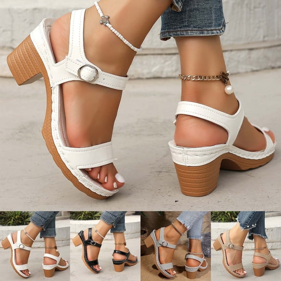 Summer Womens Sandals Casual Solid Color Heel Strappy Sandals High Heels Shoes White Spring And Summer Shoes Size 7