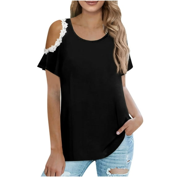 Summer Womens Sexy Cold Shoulder Tshirt Tops Fashion Loose Fit Tunic Tees Ladies Casual Short Sleeve Lace Blouses