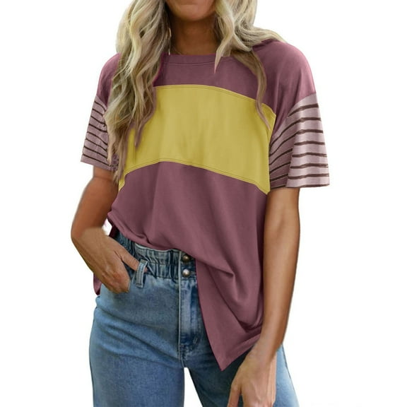 Summer Womens Shirts Trendy Oversized Crewneck, Casual Color Block Striped, Soft, Breathable, for Spring, Summer & Fall