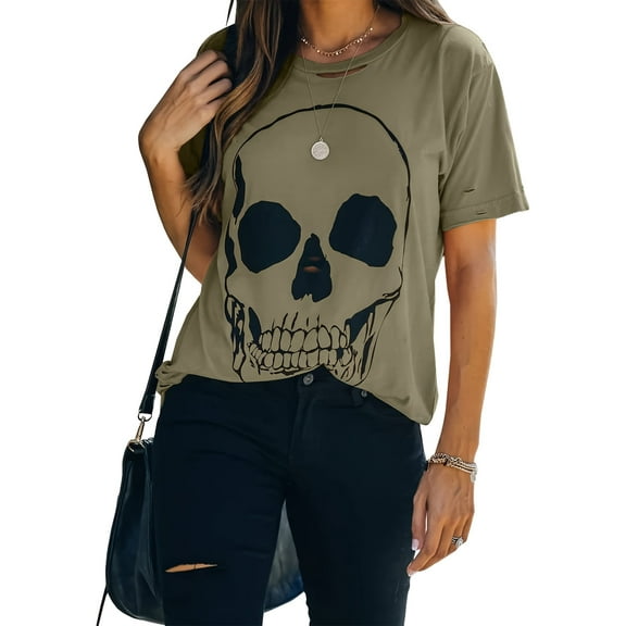Summer Womens Short Sleeve Cotton Graphic Shirts Crewneck Tees Skull Distressed T Shirt Loose Casual Tops
