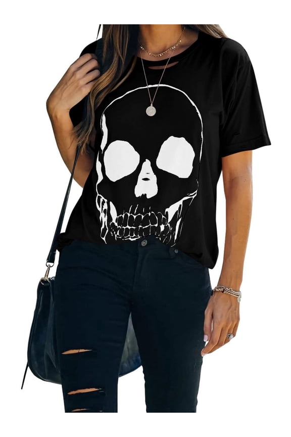 Summer Womens Short Sleeve Cotton Graphic Shirts Crewneck Tees Skull Distressed T Shirt Loose Casual Tops