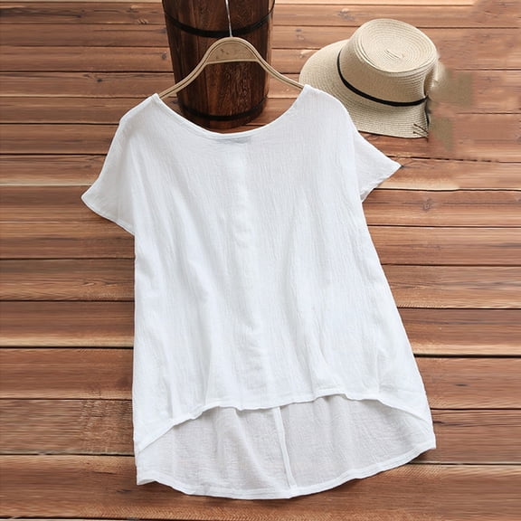 Summer Womens Short Sleeve Solid Color Linen T Shirt Top Irregular Hem Loose Blouse T Shirts Short Sleeve for Women Womens T Shirts Short Sleeve Loose Fit Womens Turtleneck Long Sleeve Workout Tees