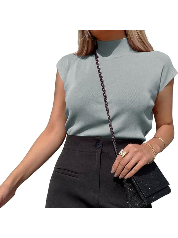 Summer Womens Short Sleeve Sweater Mock Neck Casual Basic Knit Slim Fitted Pullover Tops