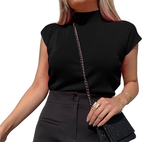 Summer Womens Short Sleeve Sweater Mock Neck Casual Basic Knit Slim Fitted Pullover Tops