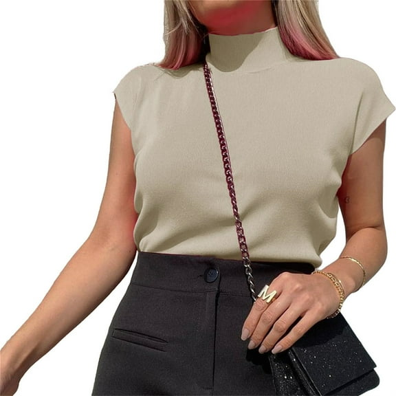 Summer Womens Short Sleeve Sweater Mock Neck Casual Basic Knit Slim Fitted Pullover Tops