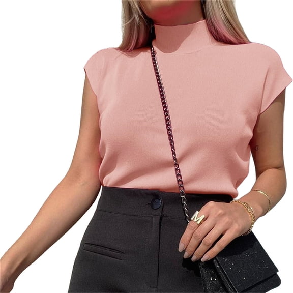 Summer Womens Short Sleeve Sweater Mock Neck Casual Basic Knit Slim Fitted Pullover Tops