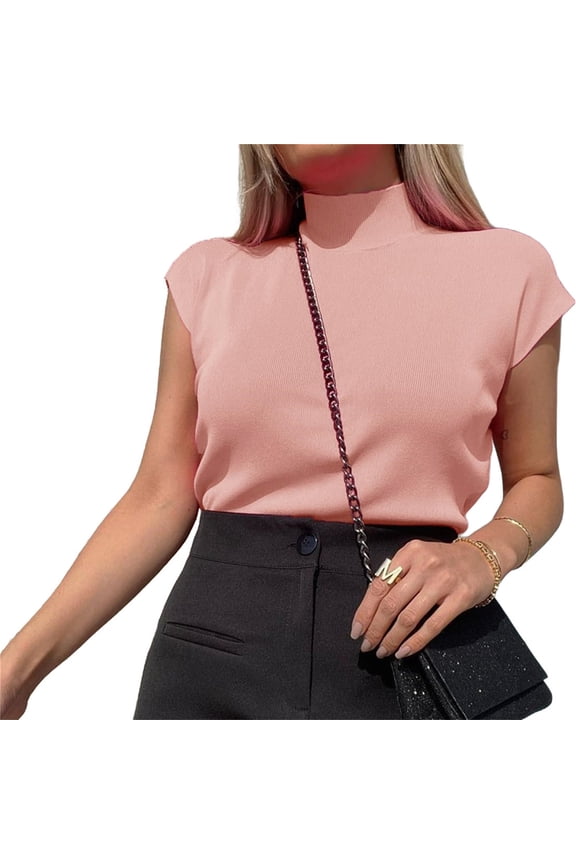 Summer Womens Short Sleeve Sweater Mock Neck Casual Basic Knit Slim Fitted Pullover Tops