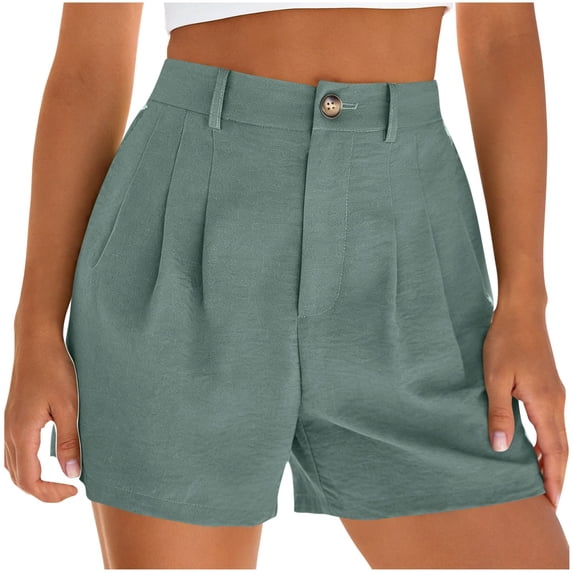 Summer Womens Shorts Fashion Shorts For Women High Waisted Cuffed Back Elastic Waistband Pleated Linen With Pockets Pants For Women