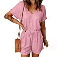 thumbnail image 1 of Summer Womens Shorts Rompers Short Sleeve Ribbed Jumpsuit with Pocket Cooling Drawstring Romper for Women Loose Casual, Pink, XL, 1 of 7