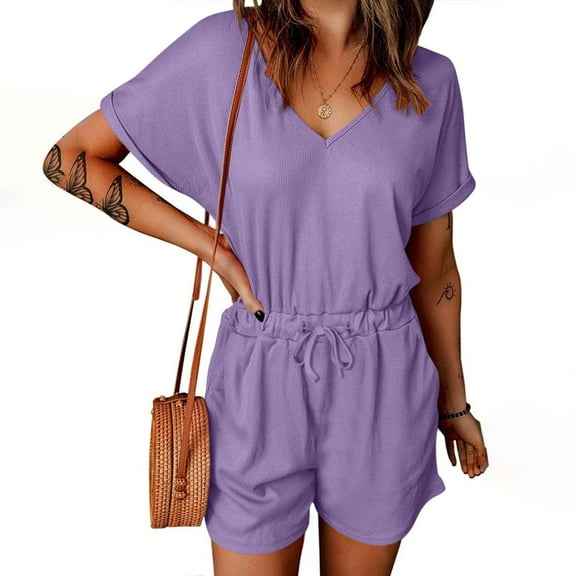Summer Womens Shorts Rompers Short Sleeve Ribbed Jumpsuit with Pocket Cooling Drawstring Romper for Women Loose Casual, Purple, XXL