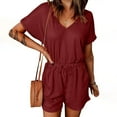 thumbnail image 1 of Summer Womens Shorts Rompers Short Sleeve Ribbed Jumpsuit with Pocket Cooling Drawstring Romper for Women Loose Casual, Wine, M, 1 of 7