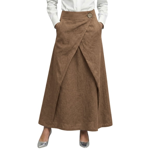 Summer Womens Skirts Linen High Waisted A-Line Maxi Skirt with Side Pockets for Work