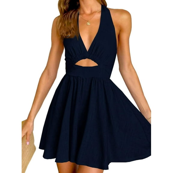 Summer Womens Sleeveless Halter V Neck Backless Cut Out Casual Party Swing Flared Mini Dress