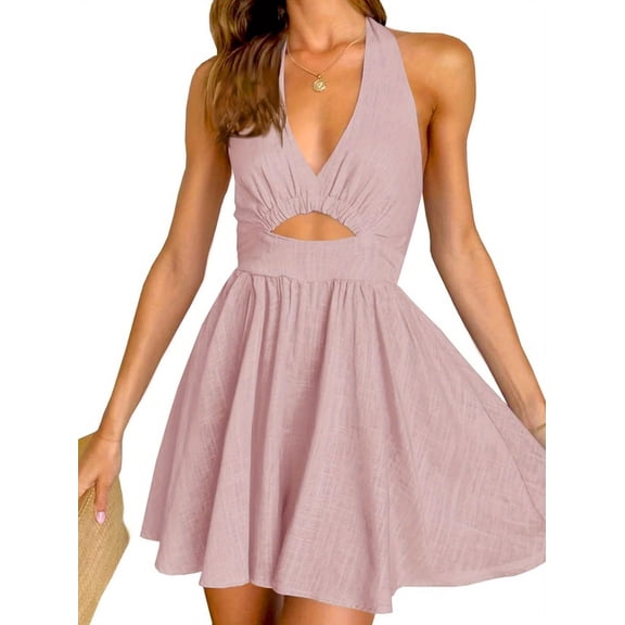 Summer Womens Sleeveless Halter V Neck Backless Cut Out Casual Party Swing Flared Mini Dress
