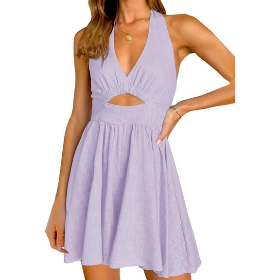 Summer Womens Sleeveless Halter V Neck Backless Cut Out Casual Party Swing Flared Mini Dress
