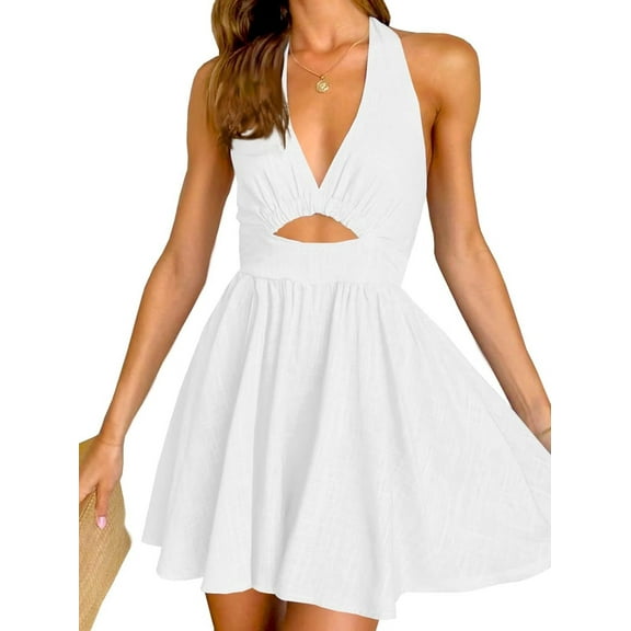Summer Womens Sleeveless Halter V Neck Backless Cut Out Casual Party Swing Flared Mini Dress