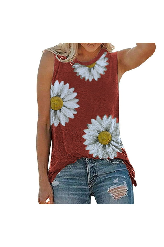 Summer Womens Sleeveless Tank Tops Loose Fit Fashion Daisy Graphic Tees Shirt Casual Crew Neck Workout Plus Size Blouses