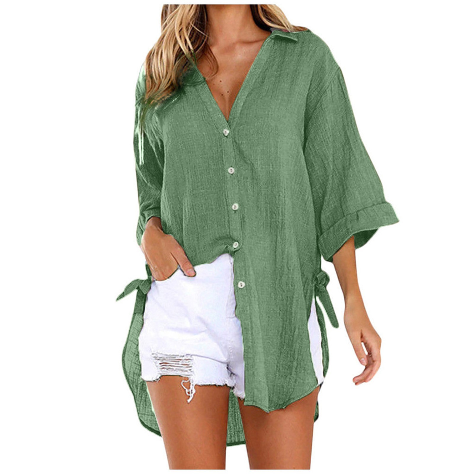 Summer Womens Small Lapel Pullover Shirt Cotton Shirt Dress T Shirts ...