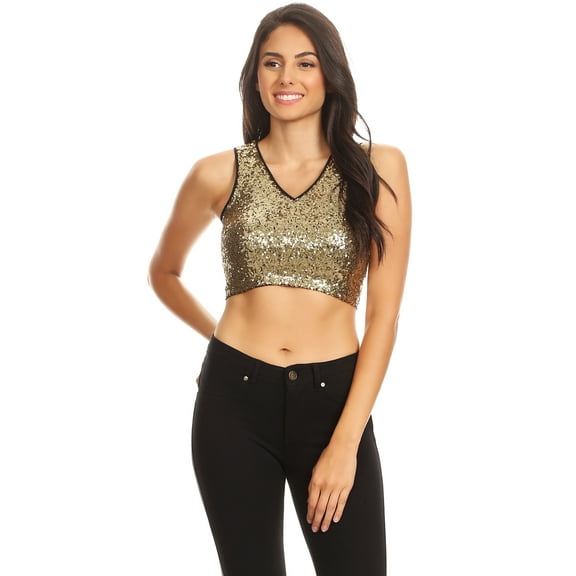 Summer Womens Sparkle Stripe Front Sequin Slim Fit Cropped Vest Tank Tops