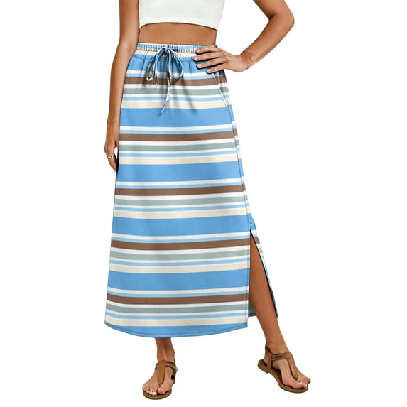 Summer Womens Striped Print Skirt Casual High-waisted Drawstring Beach Vacation Outfits Resort Wear Swing Mid-length Side Slits Boho Skirts Blue L