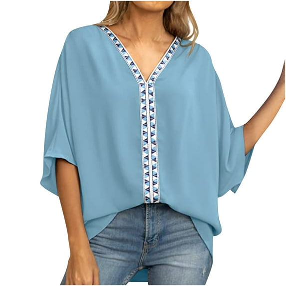 Summer Womens Stylish Chiffon Blouse V Neck Lightweight Loose Fit Dolman Sleeve Flowy Tops Casual T Shirts Plus Size