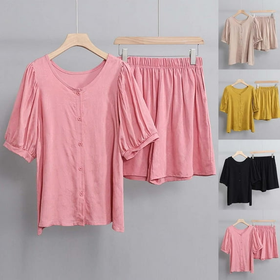 Summer Womens Sweat Set Fashion 2 Piece Outfit Loose Home Suit Set Thin Cardigan Short Sleeved Spring/Summer Matching Outfits 2026 — Watermelon Red∣L