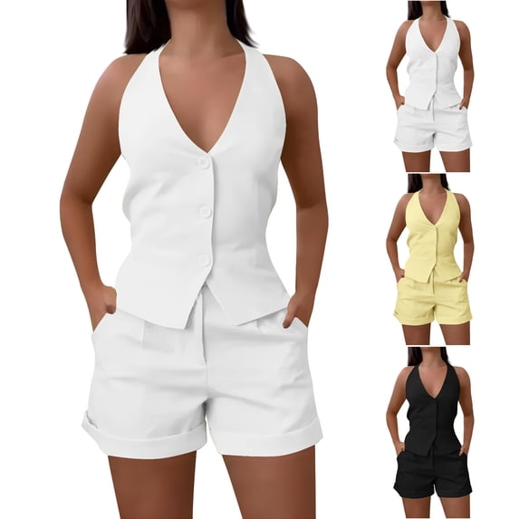 Summer Womens Sweat Set Fashion 2 Piece Outfit Solid Color Sleeveless Casual Suit Sleeveless V-neck White 2026 Outfit Sets Tracksuits S-2XL