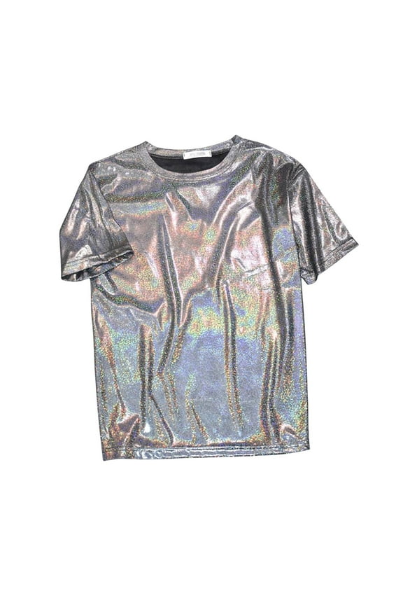 Summer Womens T Shirts Short Sleeve Round Neck Shiny Silk Thin Base Casual Blouse Top Plus Size Black XXL