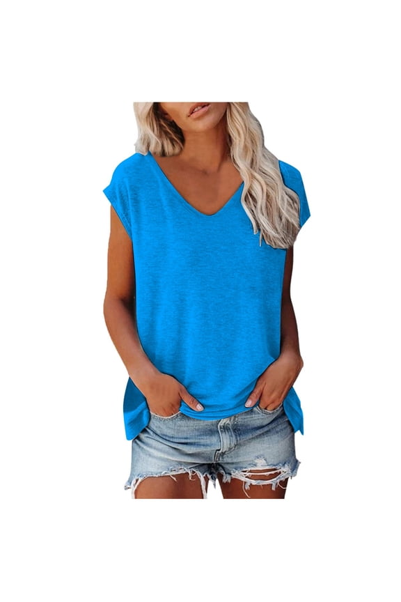 Summer Womens T Shirts Short Sleeve V Neck Low Neckline Solid Color Printed Loose Casual Top Blue L