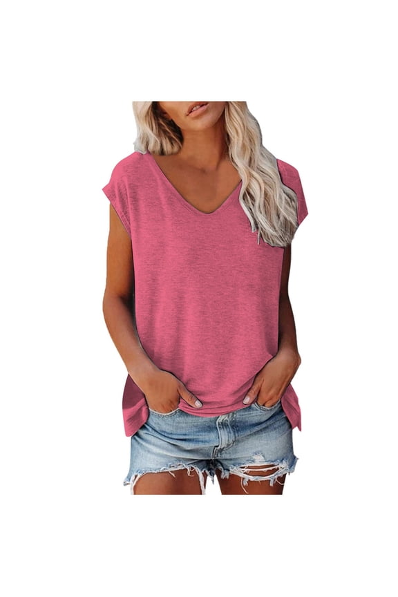 Summer Womens T Shirts Short Sleeve V Neck Low Neckline Solid Color Printed Loose Casual Top L