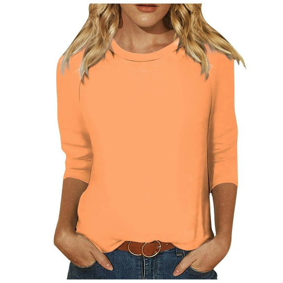 Summer Womens T Shirts Three Quarter Sleeve Round Neck Raglan Casual Versatile Shirt Top Orange XL
