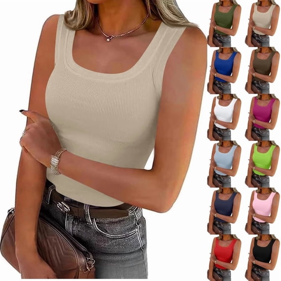 Summer Womens Tank Tops 2026 Scoop Neck Slim Fitted Sleeveless Shirts for Women Ribbed Basic Top,Beige XXL
