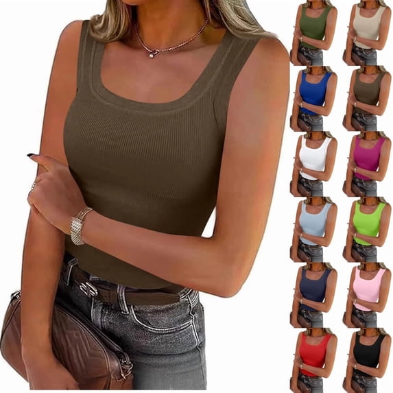 Summer Womens Tank Tops 2026 Scoop Neck Slim Fitted Sleeveless Shirts for Women Ribbed Basic Top,Brown M