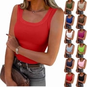 Summer Womens Tank Tops 2026 Scoop Neck Slim Fitted Sleeveless Shirts for Women Ribbed Basic Top,Red L
